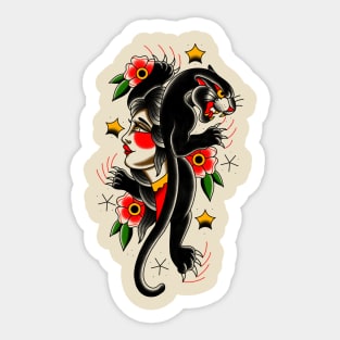 Old School Traditional Panther With Woman Tattoo Sticker